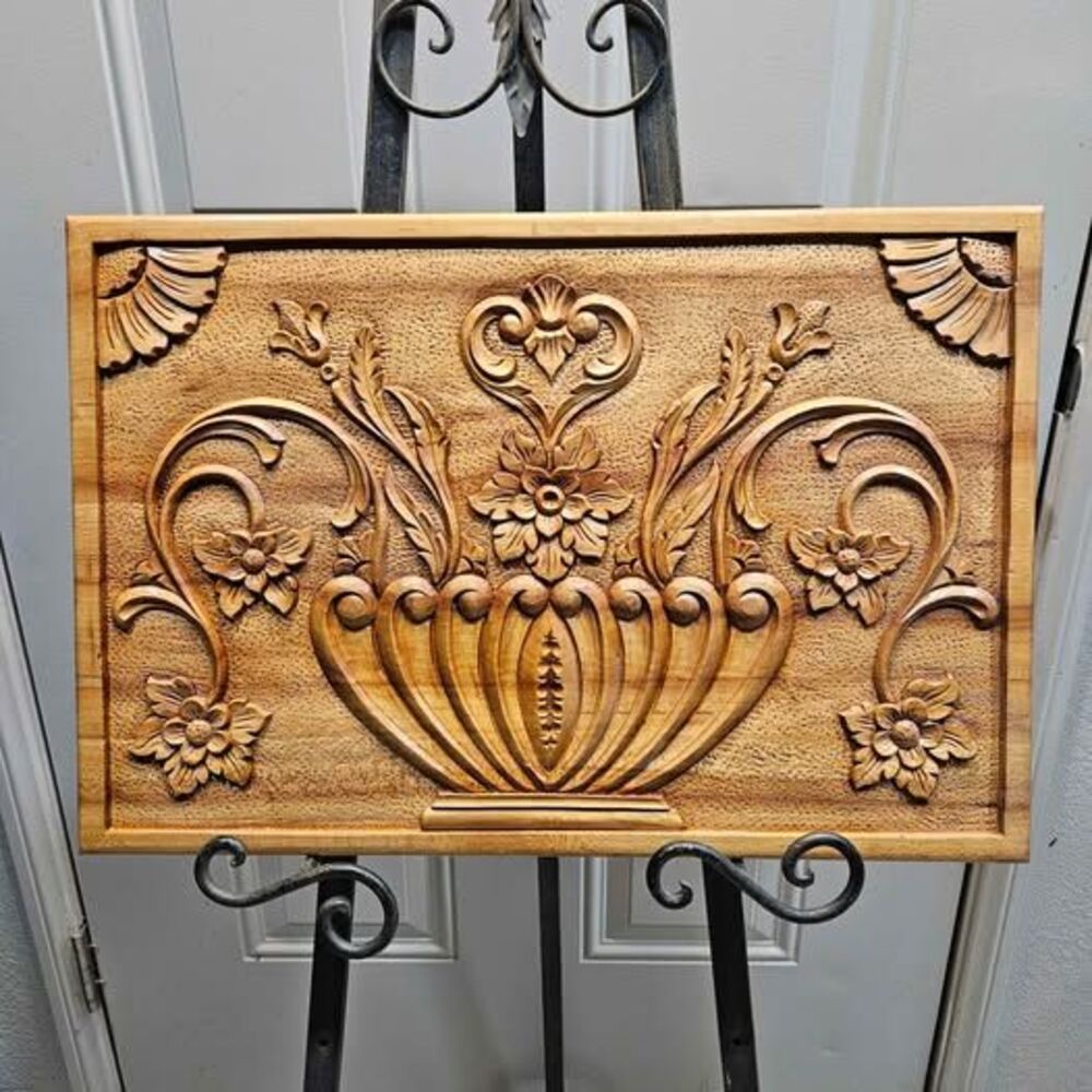 Hand-Carved Wooden Floral Wall Panel